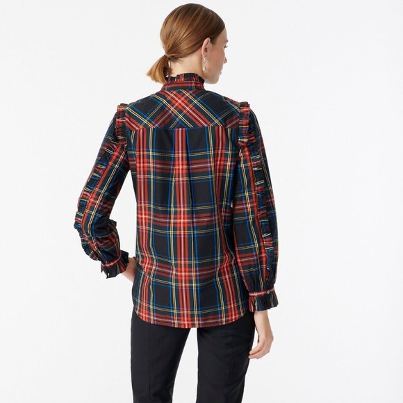 J.Crew Top Black Red Plaid Button Popover Ruffle Long Sleeve - Picture 3 of 13